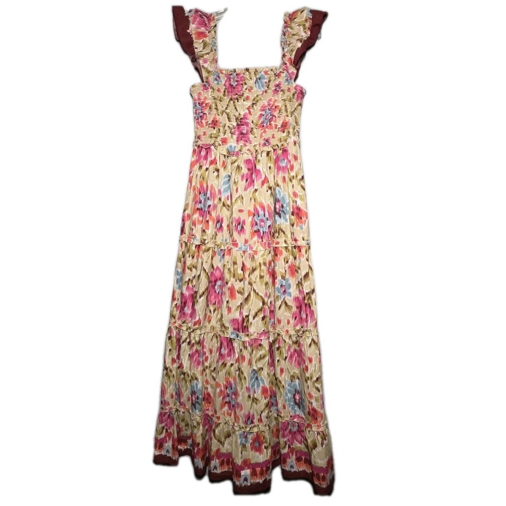 House of Harlow 1960 Womens Size M Zoey Smocked Khaki Floral Flowyโ Maxi Dress